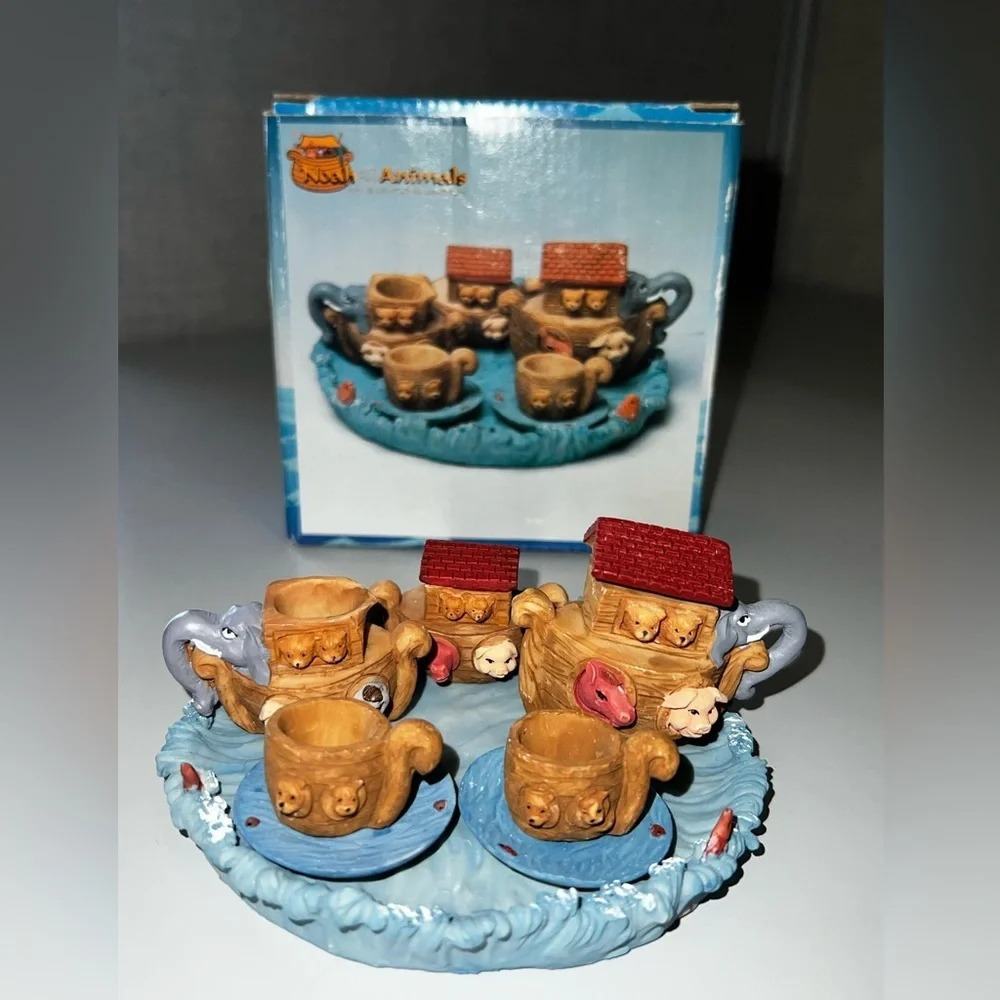 Vintage 1996 Noah and the Animals Hand Crafted Miniature Tea Set